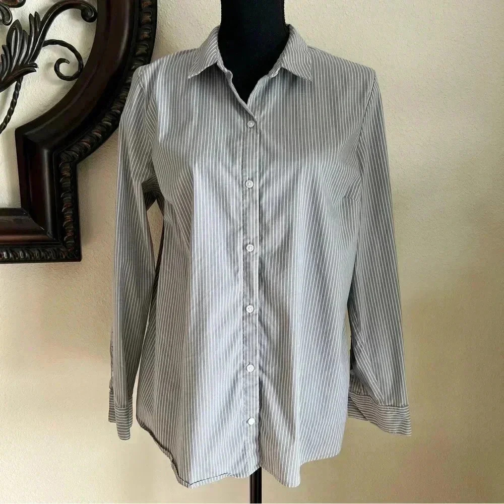 Apt. 9 White Gray Striped Long Sleeve Blouse XL